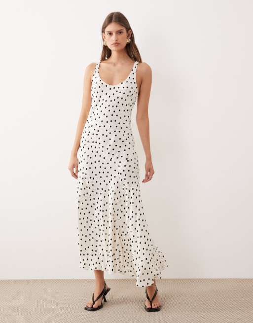 Mango - Vestito lungo beige e nero a pois con scollo rotondo e fondo asimmetrico, 2 di 4