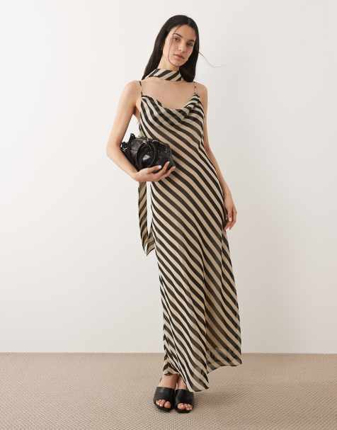 Mango - Vestito lungo beige e nero a righe con spalline sottili e scollo rotondo con dettaglio foulard - view 1