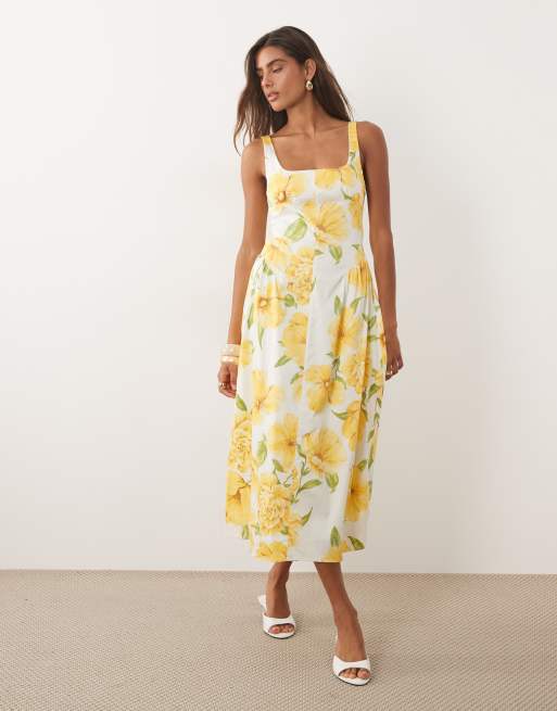 Mango - Vestito lungo con scollo rotondo in misto cotone giallo a fiori, 4 di 4