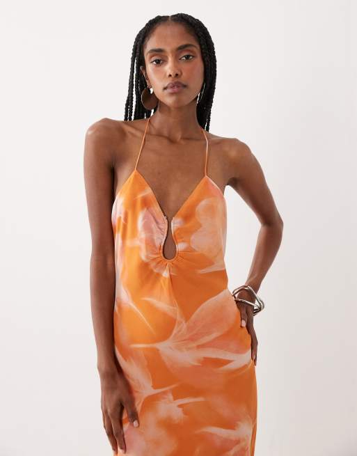 Mango - Vestito lungo con spalline sottili arancione a fiori sfocati, 3 di 4