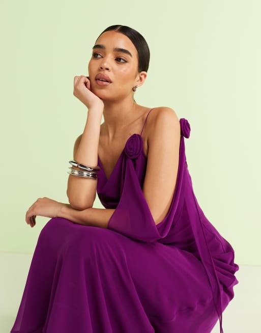 Mango - Vestito lungo in chiffon con roselline e drappeggio color prugna, 2 di 4