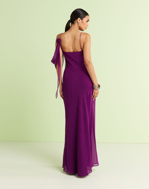 Mango - Vestito lungo in chiffon con roselline e drappeggio color prugna, 3 di 4