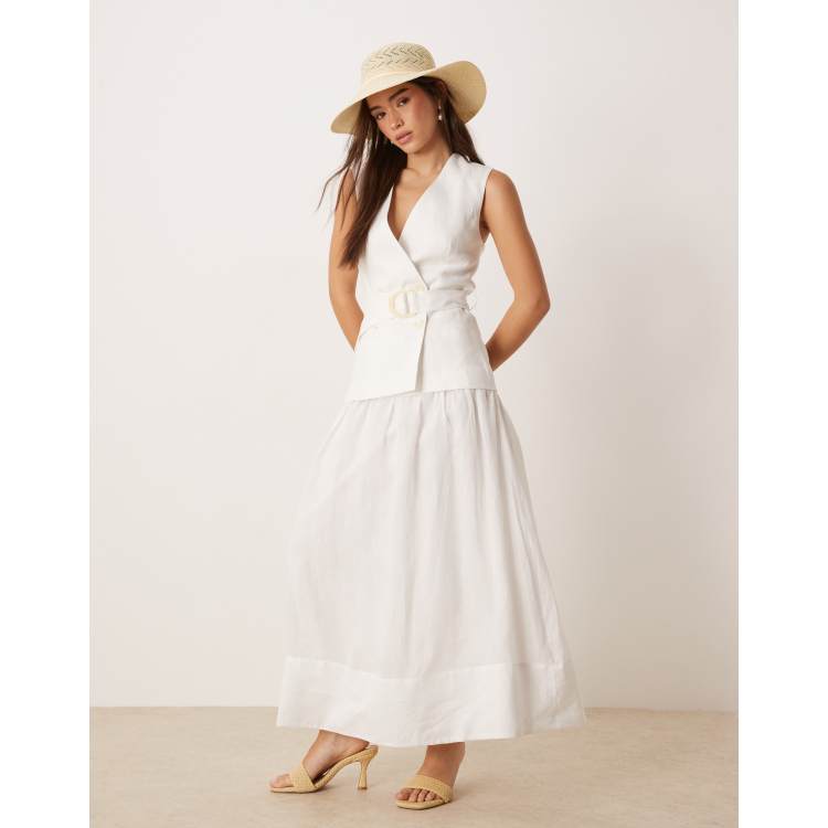 Mango Vestito lungo in lino bianco con cintura regolabile in