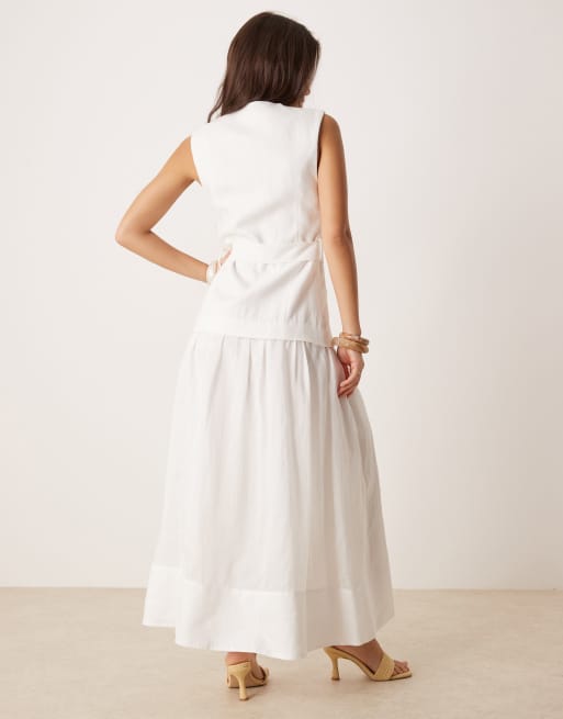 Mango - Vestito lungo in lino bianco con cintura regolabile in vita e dettaglio a gilet, 2 di 4