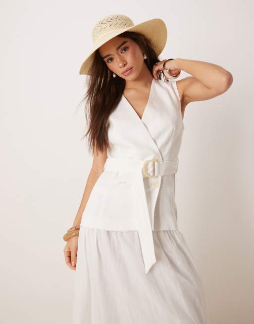 Mango - Vestito lungo in lino bianco con cintura regolabile in vita e dettaglio a gilet, 3 di 4