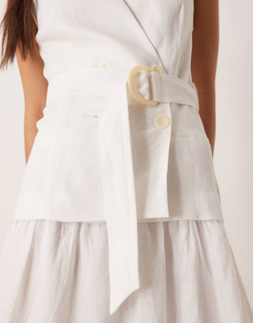 Mango - Vestito lungo in lino bianco con cintura regolabile in vita e dettaglio a gilet, 4 di 4