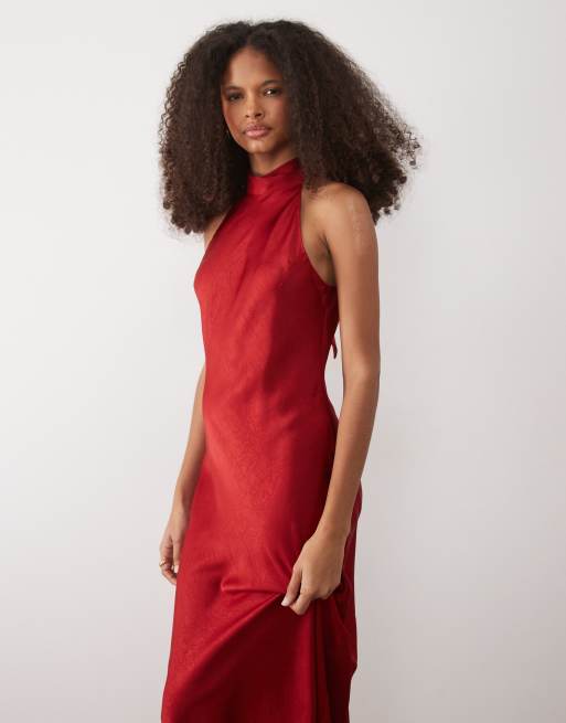 Mango - Vestito lungo in raso rosso allacciato al collo con allacciatura sul retro, 2 di 4