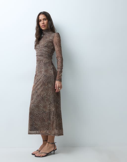 Mango vestito lungo in rete accollato a maniche lunghe con stampa leopardata, 5 di 5