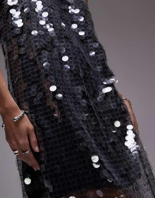 Mango - Vestito lungo in tessuto a rete color argento con paillettes a disco, 3 di 4
