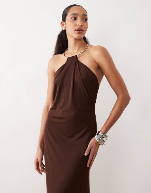 Mango - Vestito lungo marrone con dettaglio ad anello