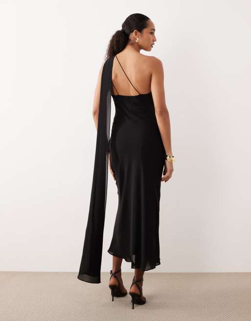 Mango - Vestito lungo monospalla nero con drappeggio, 3 di 4
