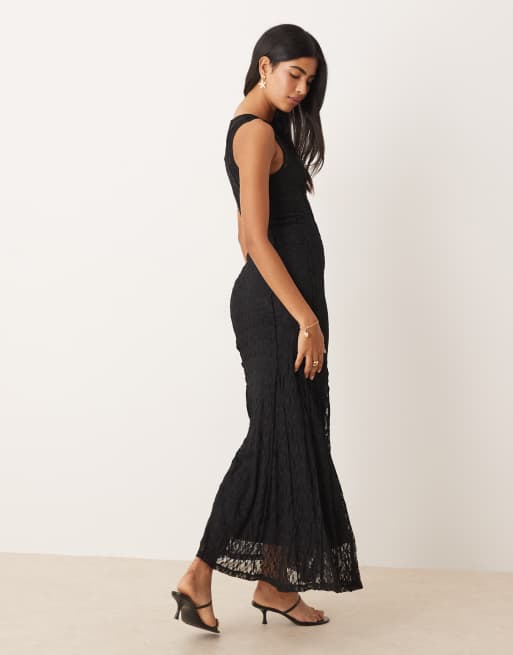 Mango - Vestito lungo nero in pizzo con scollo a barchetta, 2 di 4