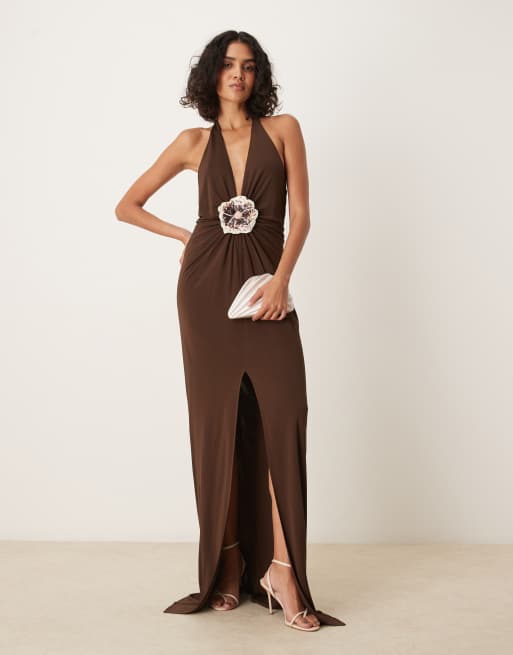 Mango - Vestito lungo premium allacciato al collo marrone con paillettes e dettaglio floreale, 4 di 4