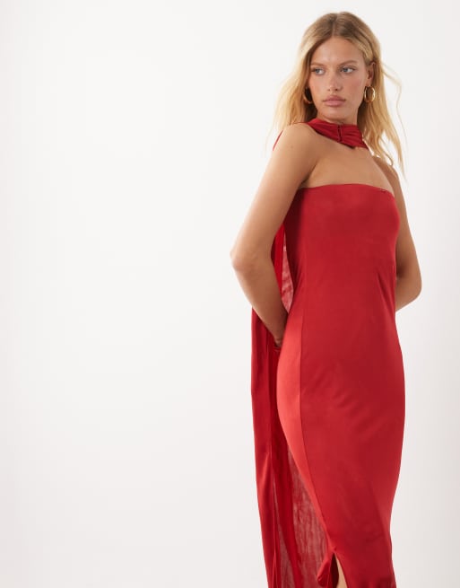 Mango vestito lungo rosso con dettaglio foulard e spalle scoperte, 2 di 4