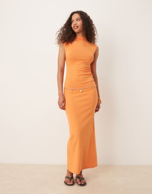 Mango - Vestito lungo slim accollato in misto modal morbido al tatto arancione, 2 di 4