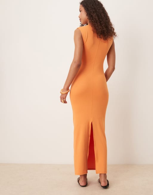 Mango - Vestito lungo slim accollato in misto modal morbido al tatto arancione, 3 di 4