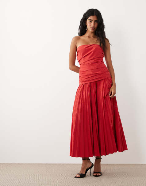 Mango - Vestito lungo strutturato rosso con spalle scoperte e fondo a pieghe - view 1