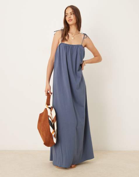 Mango - Vestito lungo vestibilità comoda in denim blu con spalline allacciate - view 1