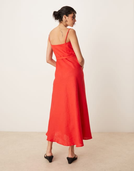 Mango - Vestito midi 100% lino rosso con scollo squadrato e cintura , 2 di 4