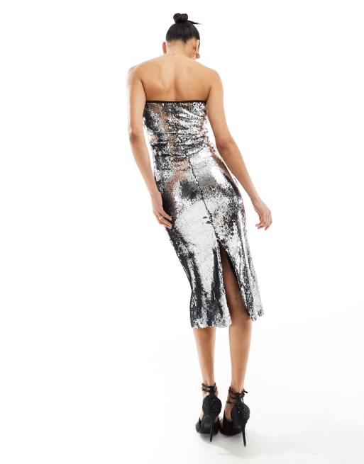 Mango Vestito midi a fascia con paillettes color argento ASOS