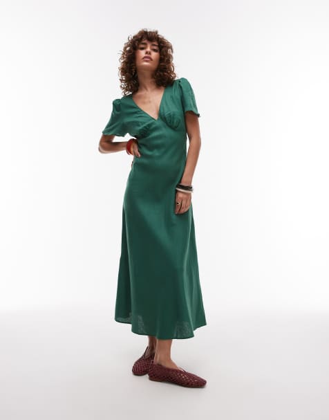 Mango - Vestito midi a maniche corte in misto lino verde smeraldo - view 1