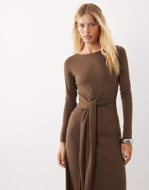 Mango vestito midi a maniche lunghe con scollo a barchetta e cintura da annodare marrone - view 1