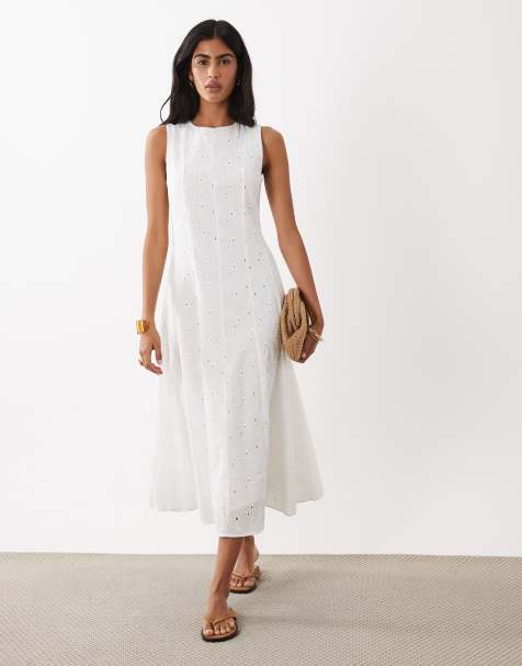 Mango - Vestito midi bianco in 100% cotone ricamato con scollo a barchetta - view 1