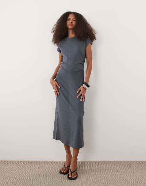Mango - Vestito midi blu polvere con maniche ad aletta e vita arricciata - view 1
