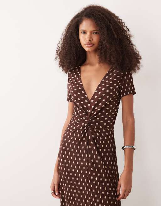 Mango - Vestito midi con scollo a V incrociato sul davanti marrone a pois color crema, 2 di 4