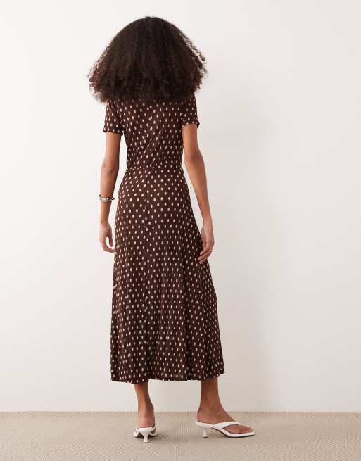 Mango - Vestito midi con scollo a V incrociato sul davanti marrone a pois color crema, 4 di 4
