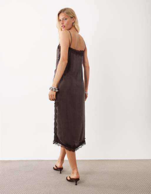 Mango vestito midi con spalline sottili e bordo in pizzo marrone, 3 di 4