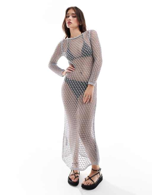 Mango - Vestito midi da mare all'uncinetto argento