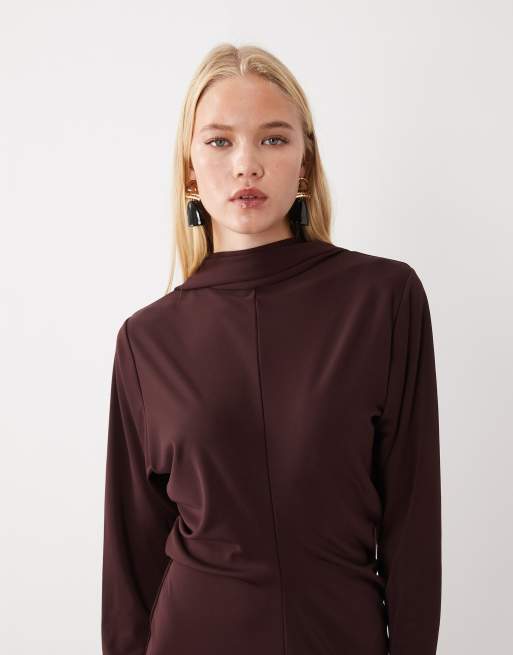 Mango vestito midi in maglia con collo alto marrone, 2 di 4