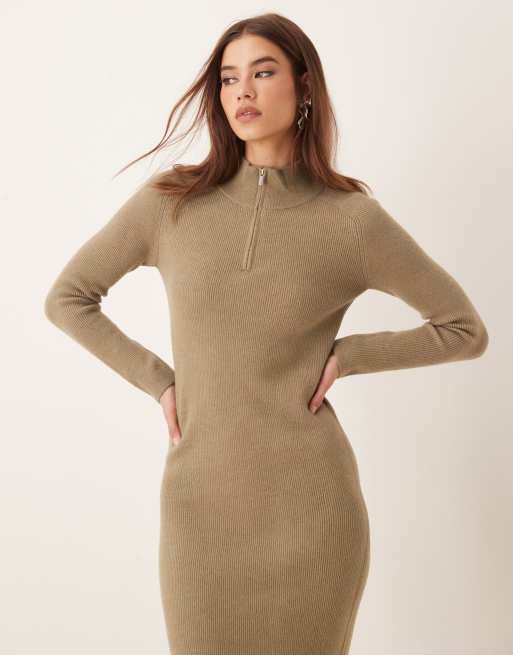 Mango - Vestito midi in maglia marrone con zip sul collo, 3 di 4