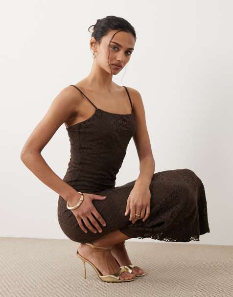 Mango - Vestito midi in pizzo marrone - view 1