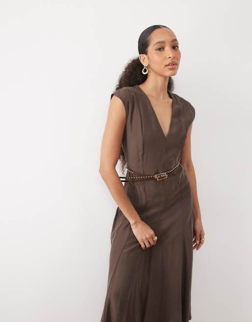 Mango - Vestito midi marrone con scollo a V e cintura, 2 di 4