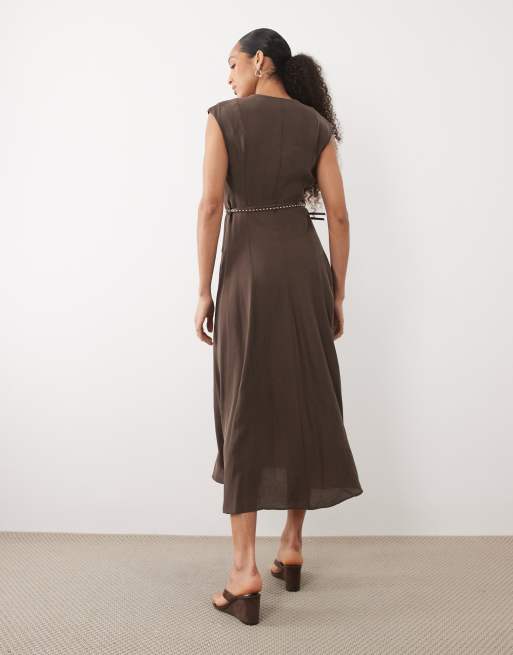 Mango - Vestito midi marrone con scollo a V e cintura, 4 di 4