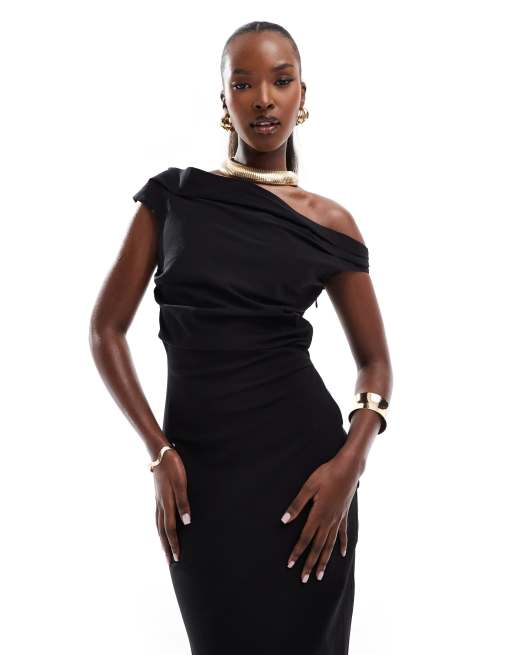 Mango - Vestito midi marrone scuro con scollo Bardot e dettaglio incrociato