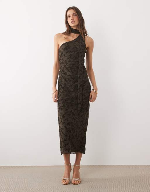 Mango - Vestito midi monospalla in velour marrone con dettaglio al collo