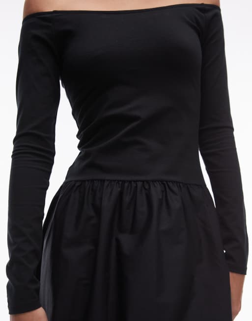 Mango Vestito midi nero con scollo alla Bardot e vita scesa ASOS