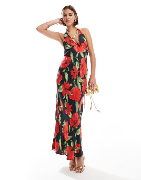 Mango - Vestito midi nero e rosso a fiori allacciato al collo - view 1