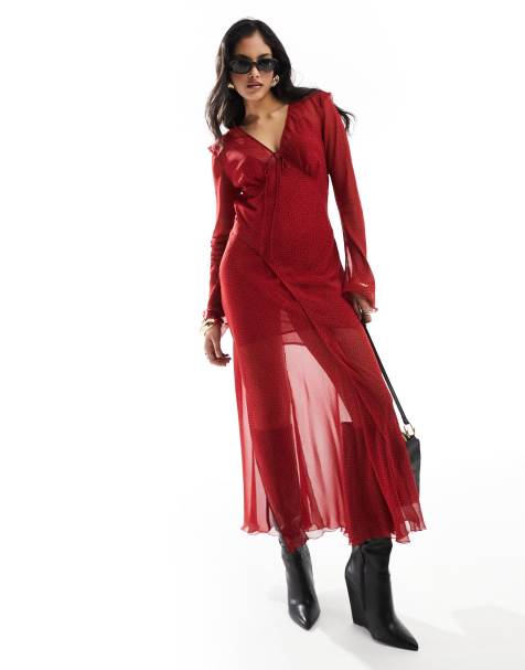 Mango - Vestito midi rosso a pois con scollo a V - view 1