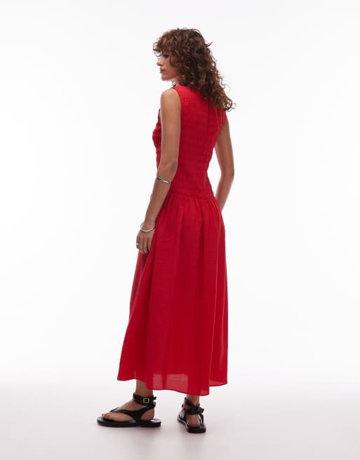 Mango - Vestito midi rosso con vita scesa e corpino arricciato , 2 di 4