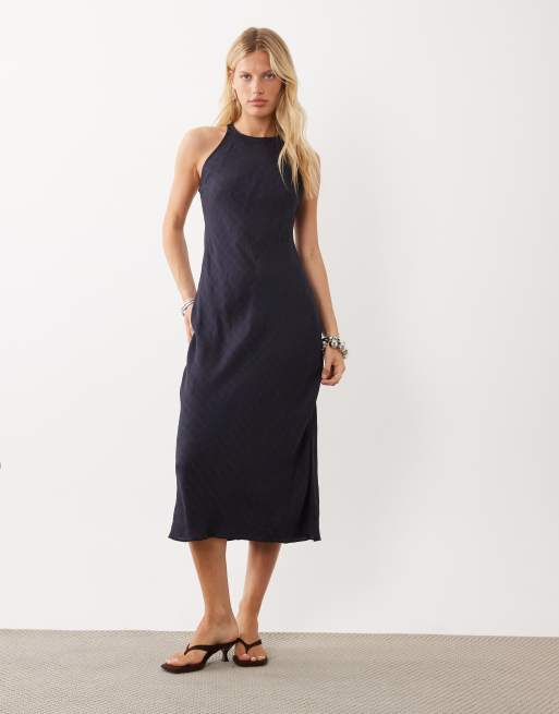 Mango vestito midi senza maniche con allacciatura al collo a quadri blu, 2 di 4