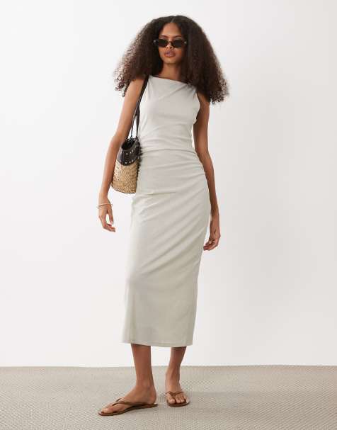 Mango - Vestito midi senza maniche con scollo a barchetta e vita arricciata beige - view 1