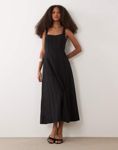 Mango - Vestito midi senza maniche in 100% cotone nero ricamato con scollo squadrato - view 1