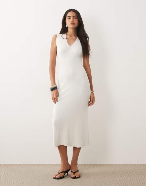 Mango - Vestito midi senza maniche in maglia compatta bianco, 2 di 4