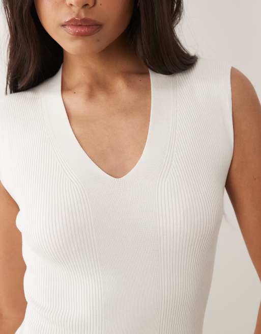 Mango - Vestito midi senza maniche in maglia compatta bianco, 3 di 4