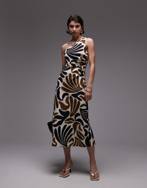 Mango - Vestito monospalla con gonna al polpaccio con stampa di foglie astratta marrone - view 1