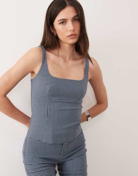Mango Victoria square neck sleeveless top in blue plaid - part of a set - view 1